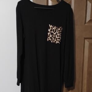 Black Long Sleeve Dress with Leopard Pocket